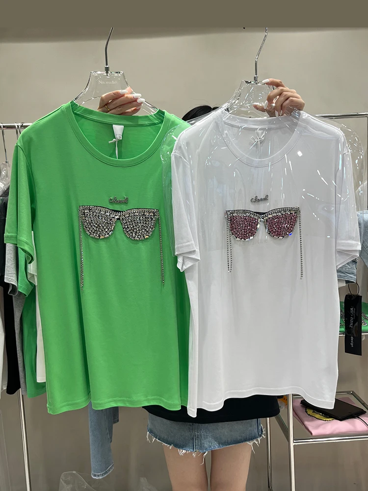 

High Quailty Summer Women Short Sleeve T-shirt Diamond Glasses Pattern Trendy Pullovers Top Loose Casual Tees 3colors Beauty