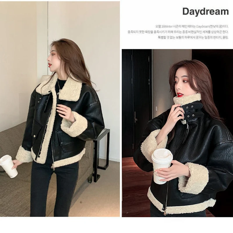 Autumn Winter Coats Fashion Thick Warm Shearling Moto Biker Leather Jacket Women Flap Pocket Female Clothing Outerwear Tops