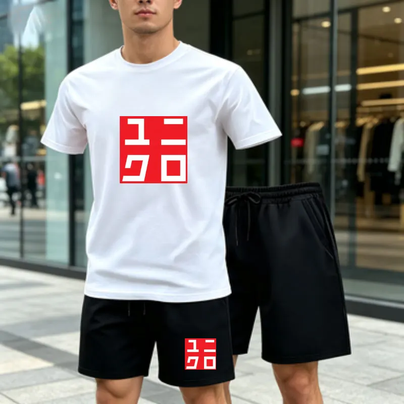 Фото Мужской летний комплект Uniqlo из 2 предметов, хит продаж, футболка с короткими рукавами и завязками, повседневный спортивный комплект для бега, фитнеса, езды на мотоцикле №1