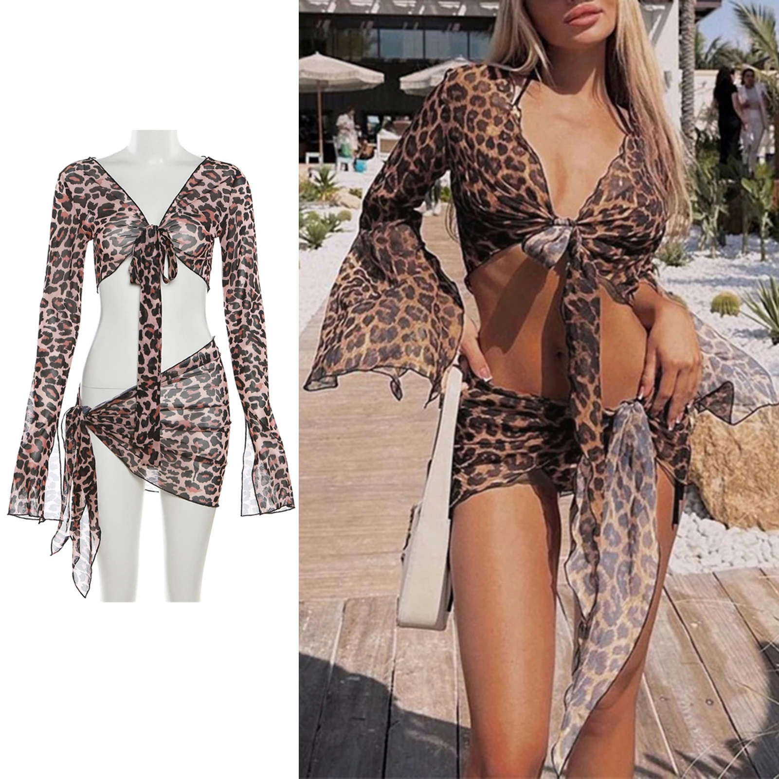 

Long Sleeve Mesh Bikini Swimwear Women Two Pieces 2023 Leopard Swimsuit Female Summer Sexy Bathing Suit Brazilian Biquini Skirt