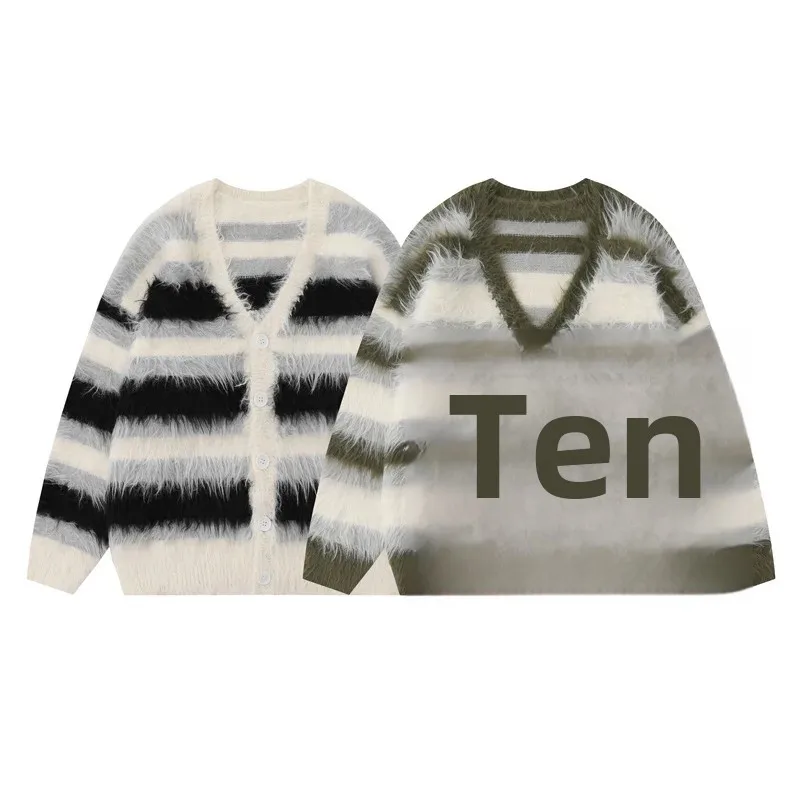 Fashionable Autumn Winter Angora Preppy Style Soft Supple Cardigan Striped Sweater Lazy Knitted Top Jacket For Men And Women