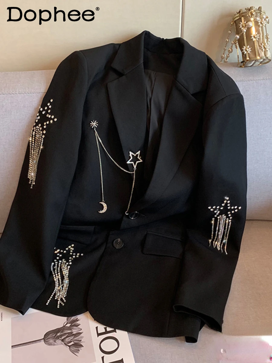 Paillette Beaded Tassel Star Loose Suit Jacket Women 2022 New Spring Autumn Heavy Industry Shiny Hot Rhinestone Black Blazer Top