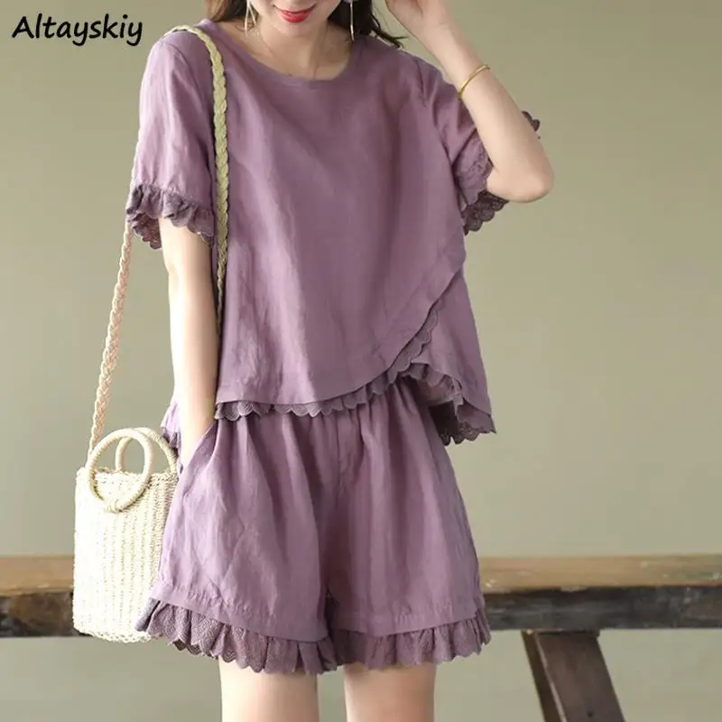 

Sets Women Sheer Harajuku Lace Irregular Trendy Shorts Simple T-shirts Students Summer Loose Patchwork Kawaii Soft Korean Style