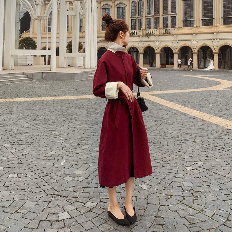 

Wine Red Windbreaker Coat Women's Spring And Autumn 2022 New Hepburn Over The Knee Medium Long Thin Coat