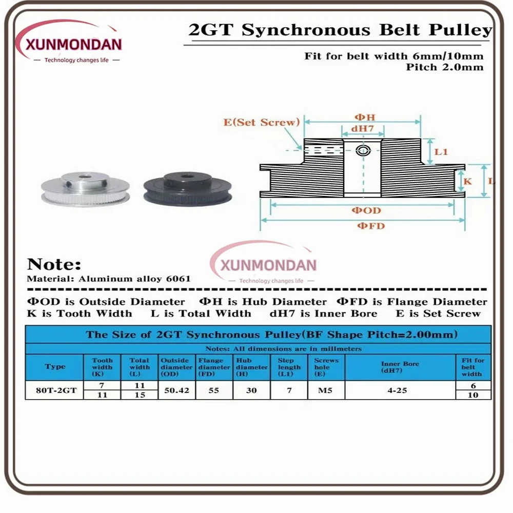Xunmondan 2GT 80 зубьев диаметр шкива ГРМ 6/6 35/8/10/12/14/15/16/17/19/20 мм GT2 открытый синхронный