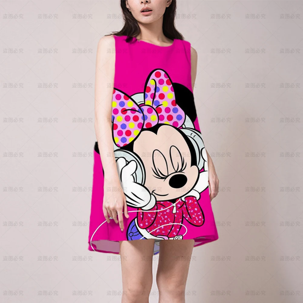 Disney Mickey Minnie Print Summer Dress Women Elegant Sleeveless Ruched Party Boho A-Line Beach Dresses Casual Vestidos 2022
