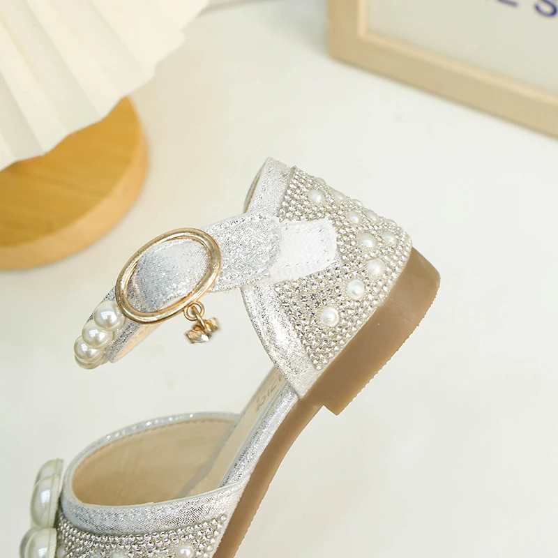 Детские сандалии принцессы со стразами цветочный жемчуг летняя обувь для танцев