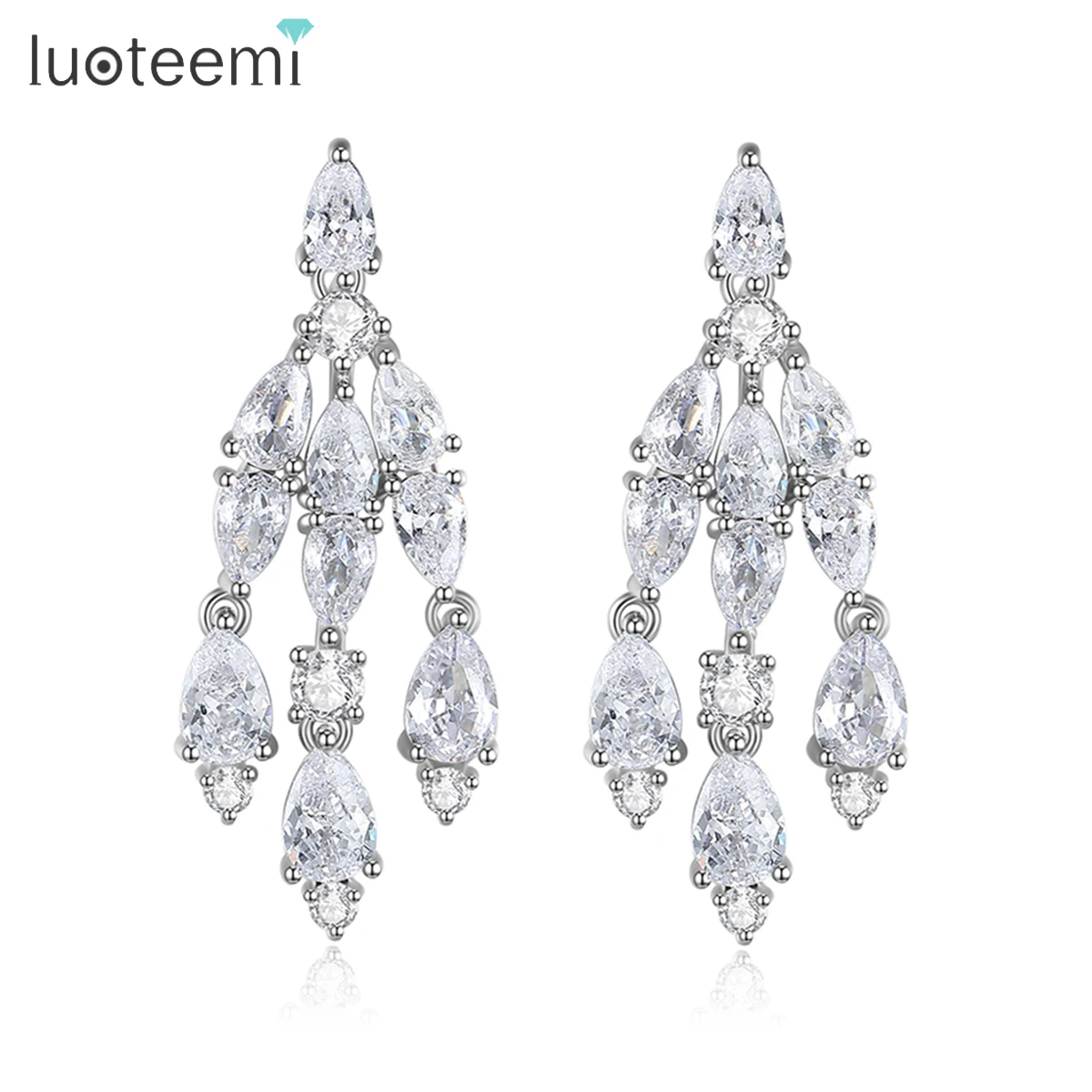 

LUOTEEMI Multiple Zirconia Waterdrop Tassel Earring for Women Bridal Wedding Luxury Drop Pendant Accessories CZ Bride Jewelry
