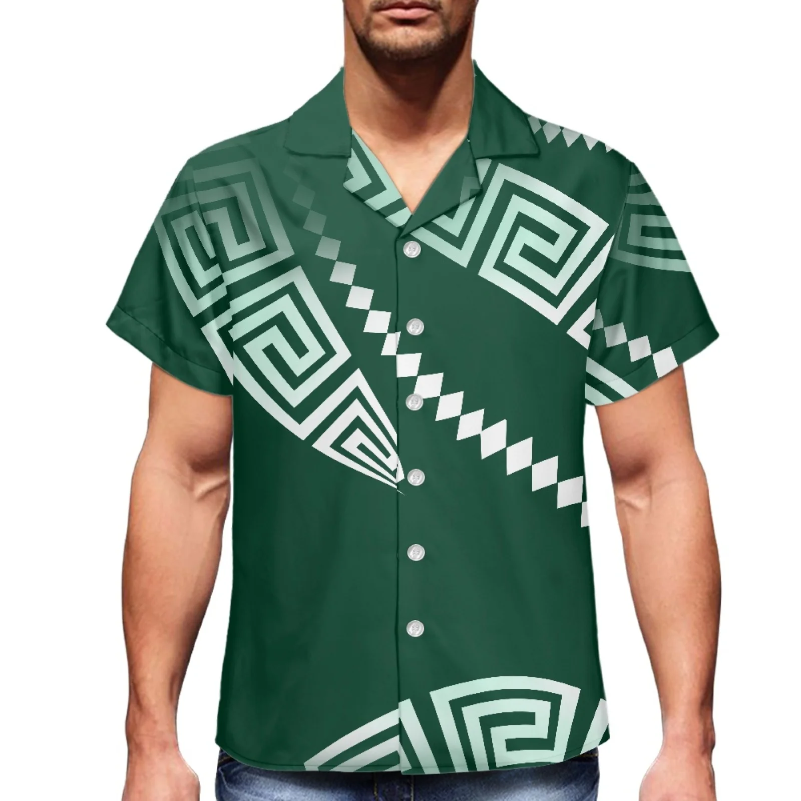 Green Tattoo Traditional Tribal Print Polynesian 2023 Summer Men's Hawaiian Sport Shirt Men's Shirt V-Neck Men's Short Sleeve