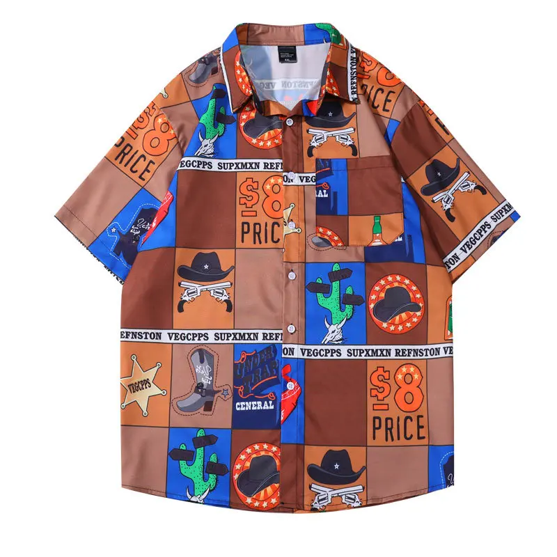 

Hawaiian Shirt Mens Hip Hop Vintage Cactus Print Short Sleeve Button Up Pocket Shirts Streetwear Harajuku Casual Loose Shirt Top