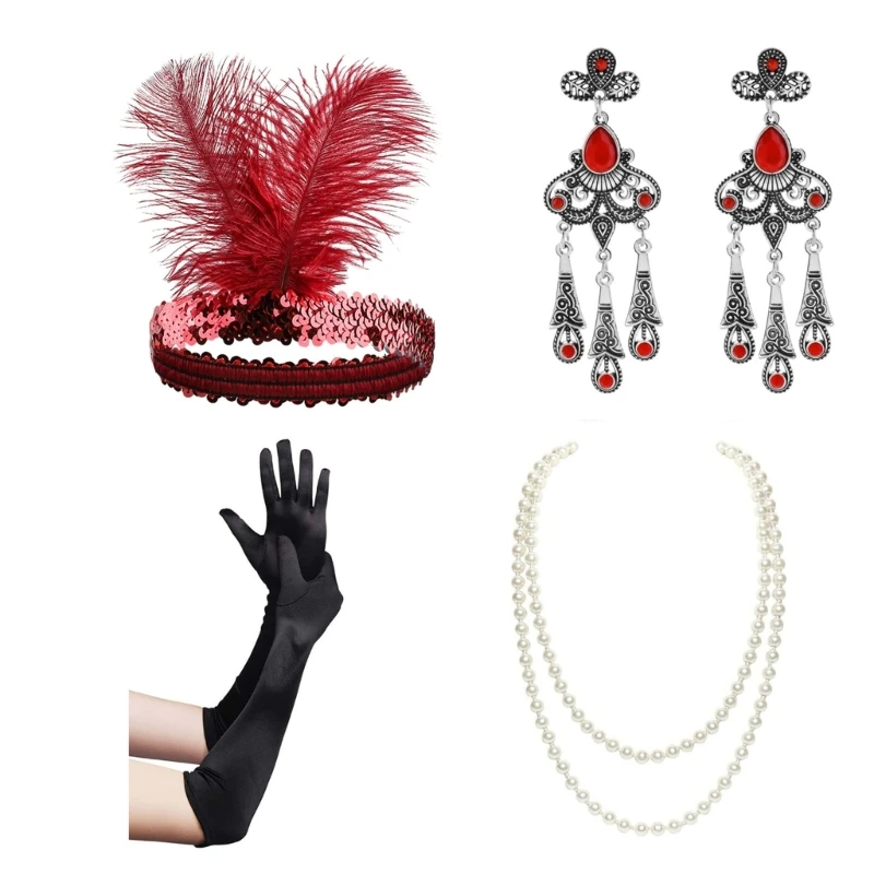 

1920s Great Gatsby Accessories Set for Women,Flapper Headband Headpiece Necklace Roaring 20s Costume Accessories Set
