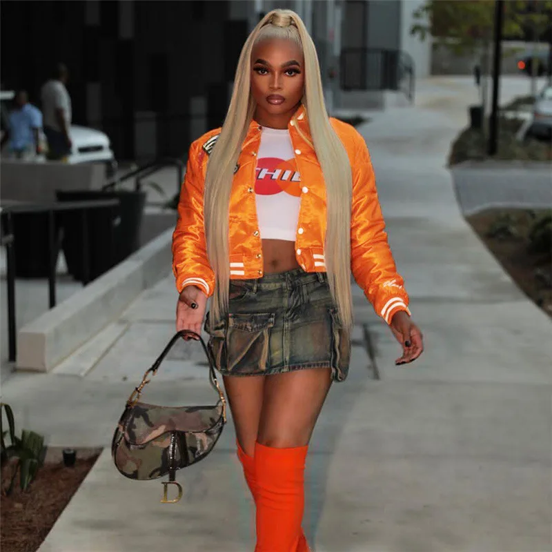 

2023 Women Stand Collar Striped Patchwork Letters Floral Embroidery Bomber Jackets Autumn Single Breasted Orange Coats Outerwear