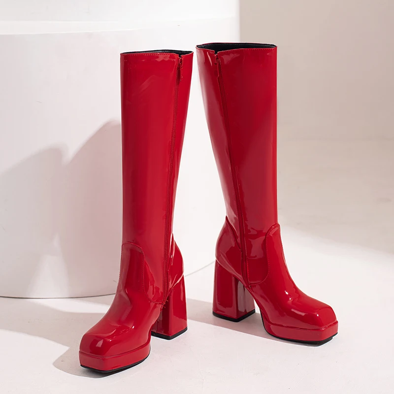 Winter Women Platform Knee High Boots White Silver Red Patent Leather Chunky Heel Office Party Lady Square Toe Zipper Long Boots