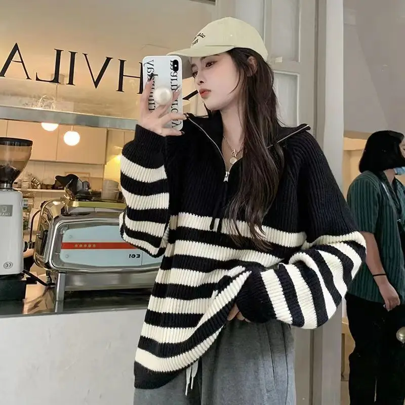 

Fashion Tops 2023 Women Autumn Winter New Korean Knitted Sweater Women's Casual Striped Pullover Sweater Streetwear Tops A34