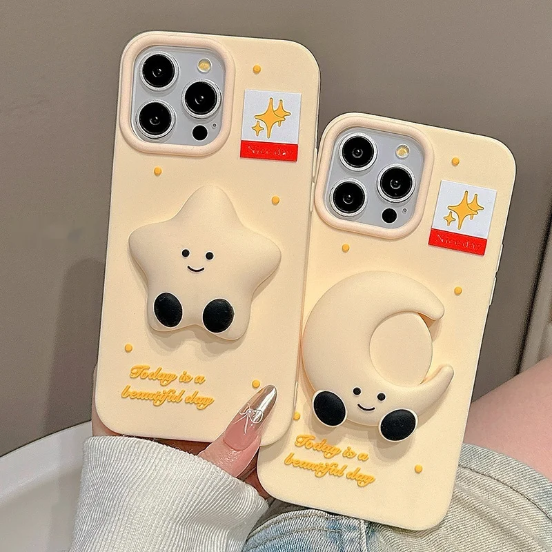 Kawaii Cartoon 3d Star Moon 16promax Phone Casei 15 New 14pro 13female 15pro Niche 12 All Inclusive Силиконовый мягкий чехол