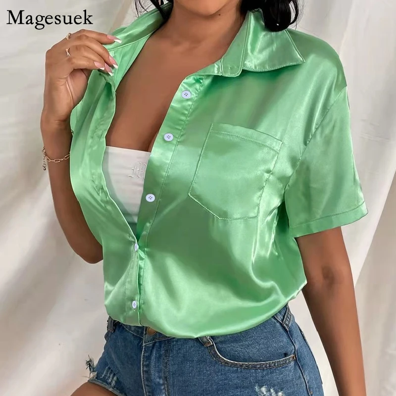 

Summer 2022 Fashion Casual Satin Blouse Women Loose Button Up Silk Women Shirt Solid Office Lady Short Sleeve Blouses Tops 20009