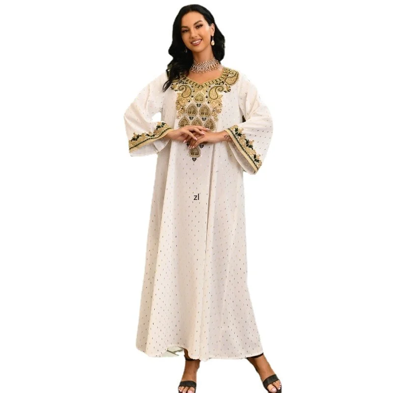 

Muslim White Dress Evening Gowns Dubai Turkey Women Long Sleeve Kaftan Abayas 2023 Eid Mubarak Islamic Clothing Sequin Boubou