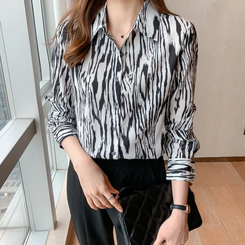

Twicefanx Blouse Chiffon Long Sleeve Printed Contrasting Color Striped Printed Shirt Women's Spring New Top Chiffon Shirt 116G