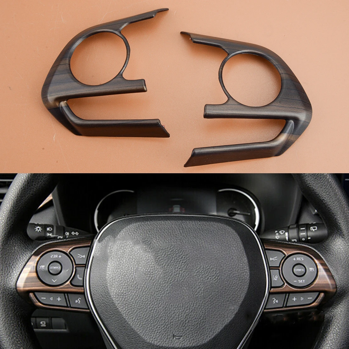 

2Pcs Wood Grain ABS Car Steering Wheel Button Covers Trims Frames Fit for Toyota RAV4 2019 2020 2021