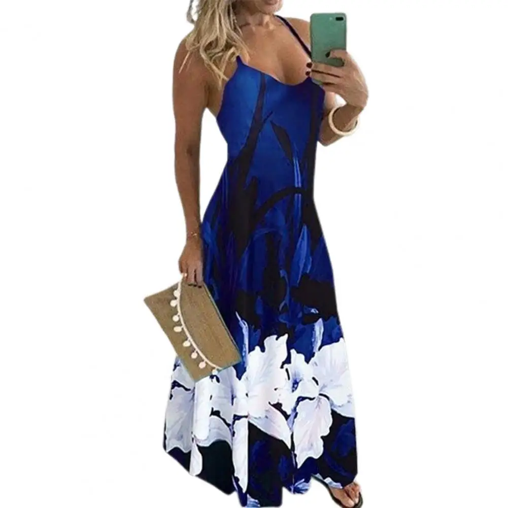 

Summer New Fashion Women Sling Dress V Neck Lightweight Flower Print Maxi Dress for Wedding Party Ladies Vestidos Female Clothes