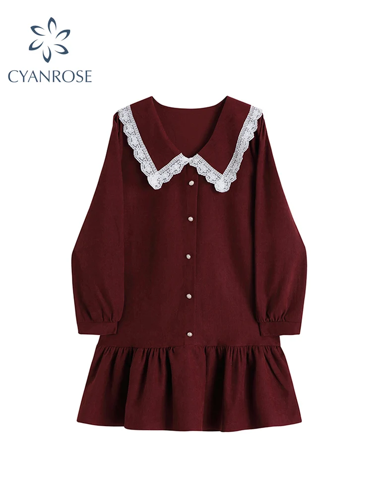 

Женское кружевное платье в стиле пэчворк, Элегантное однобортное свободное платье составного кроя с воротником «Питер Пэн», длинным рукаво...