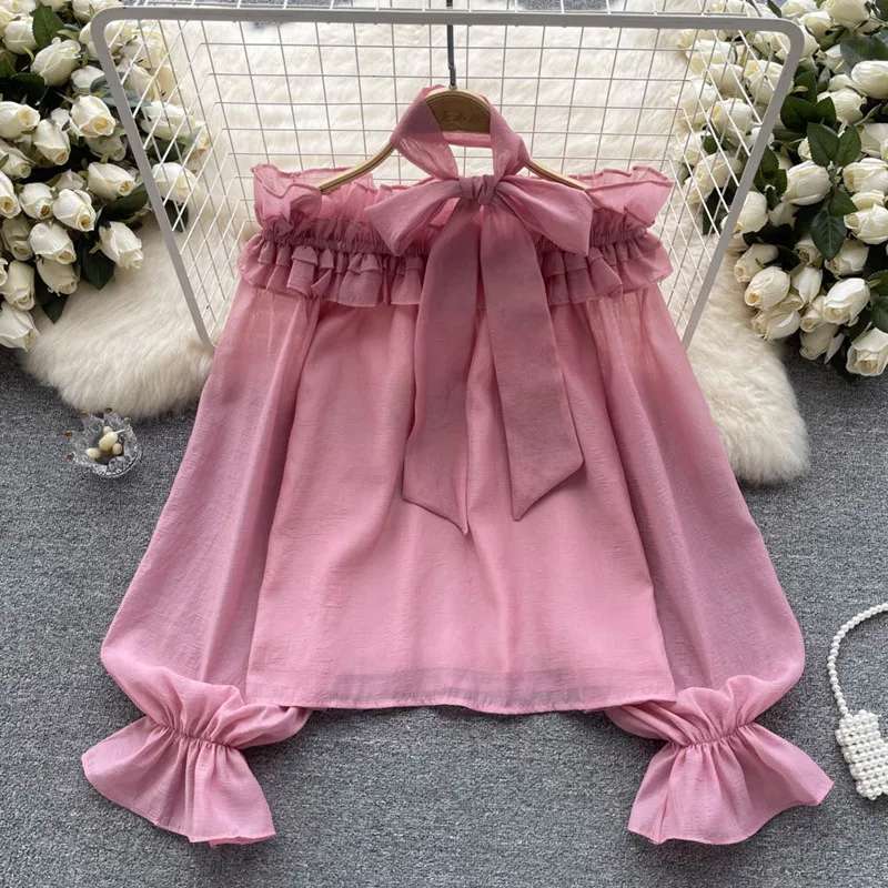 

Ruffle Chiffon Shirt Women's Design Sense Off Shoulder Temperament Bow Flare Sleeve Lace-up Fairy Top blusa feminina blouses
