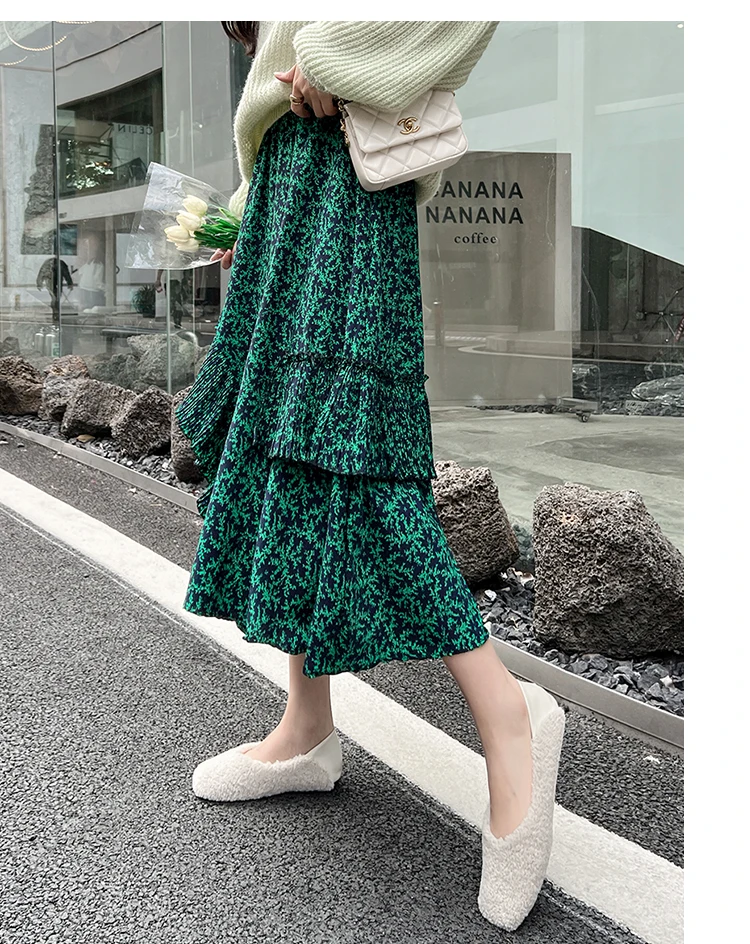 2022 Spring Summer Green Floral Print Midi Long Skirt Women Korean Ruffles Mid-Length High Waist A Line Skirt Female