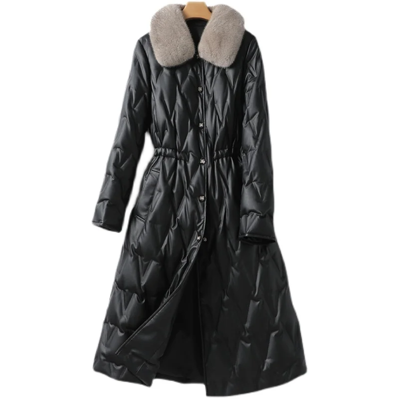 Down Jacket Women's Winter Mid Length Leather Coat Black Lace Up Waist Collection Temperament Mink Collar White Duck Down Coat enlarge