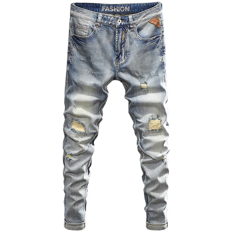 Newly Fashion Designer Men Jeans Retro Yellow Blue Elastic Stretch Slim Fit Ripped Jeans Men Patched Vintage Denim Pants Hombre