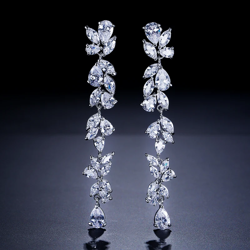 

Uilz Fashion Cubic Zirconia Crystal Long Drop Leaf Earrings for Elegant Women CZ Bridal Wedding Jewelry Accessories