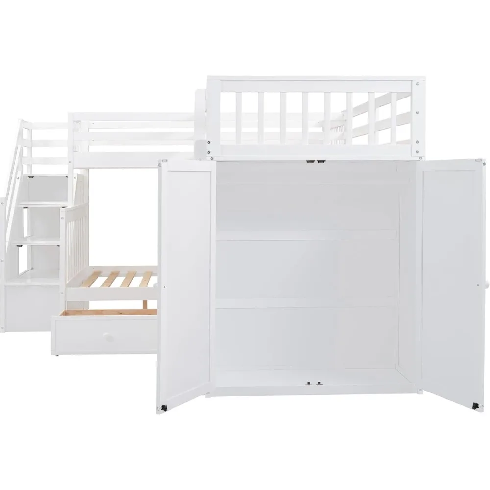 L-образная тройная двухъярусная кровать со столом и лестницей с двумя