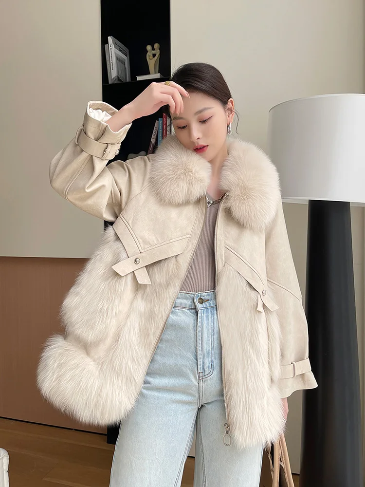 New Women Real Fur Coat Autumn Winter Fashion Casual Thicken Fox Fur Splicing Double-faced Fur Jacket Loose Fur Outerwear Female enlarge