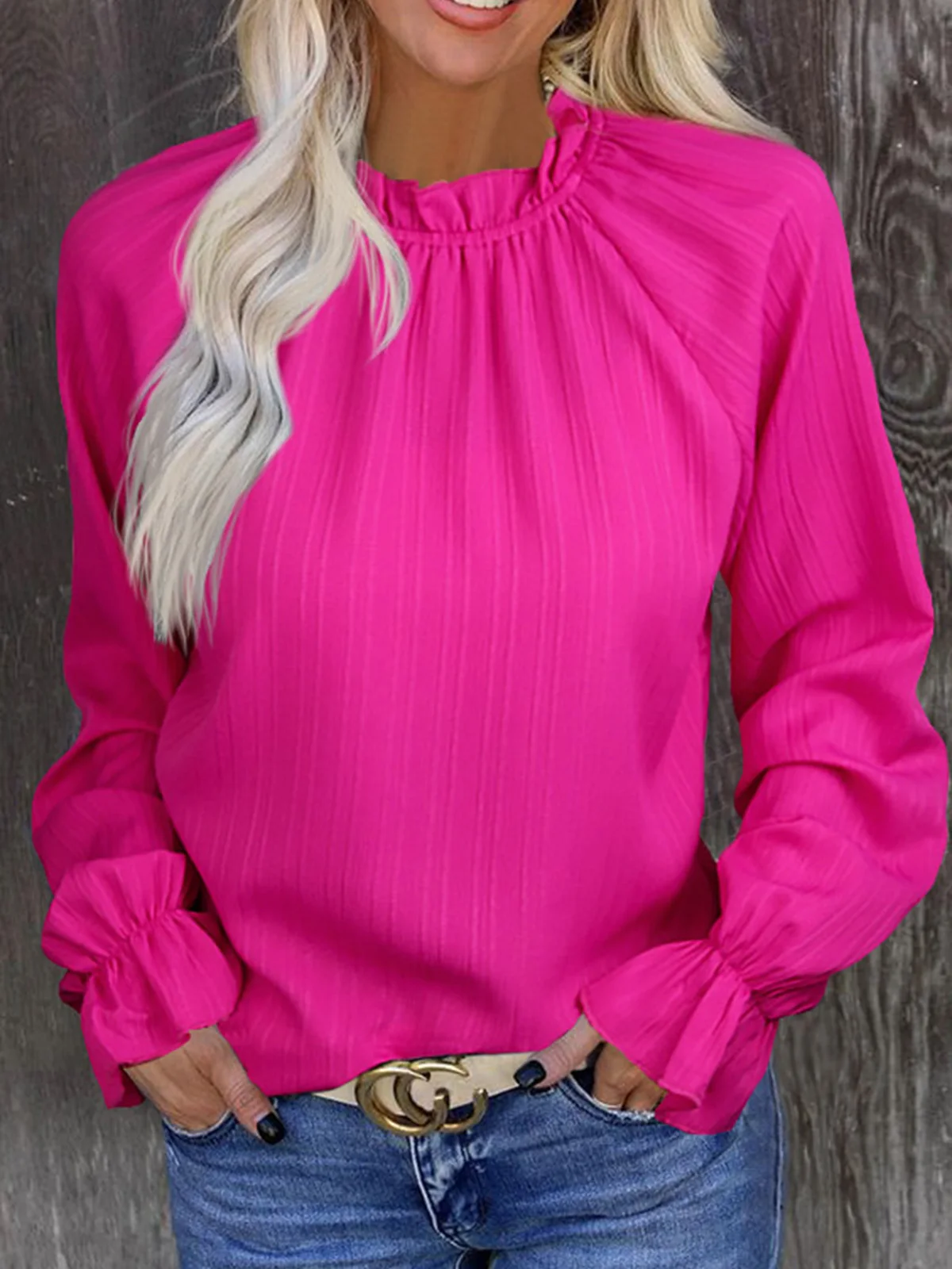 

Милая блузка с оборками и длинным рукавом, модная повседневная Осенняя разноцветная Женская Офисная уличная блузка розового и красного цветов, топы для стрельбы