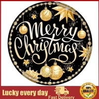 Round Metal Tin Sign Rustic Wall Decor Wall Plaque Christmas Wreath Sign Merry Christmas Black and Gold Ornament Wall Decoration