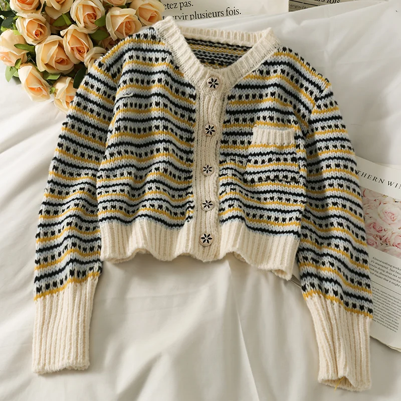 

High Quality Fashion Designer Geometric Embroidery Cardigan Long Sleeve Single Breasted Contrast Color Button Knitted Sweaters