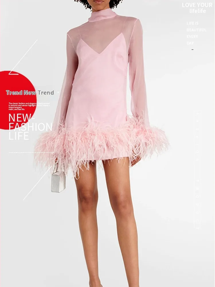 Новинка лета 2024 танцевальное платье с перьями модель джазовый костюм сетчатый