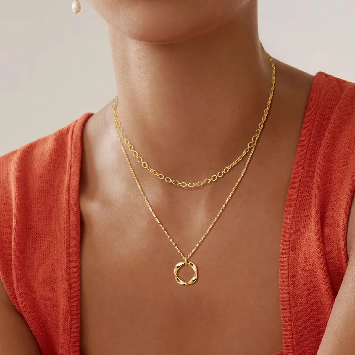 Латунное позолоченное простое круглое ожерелье модное женское трехслойное