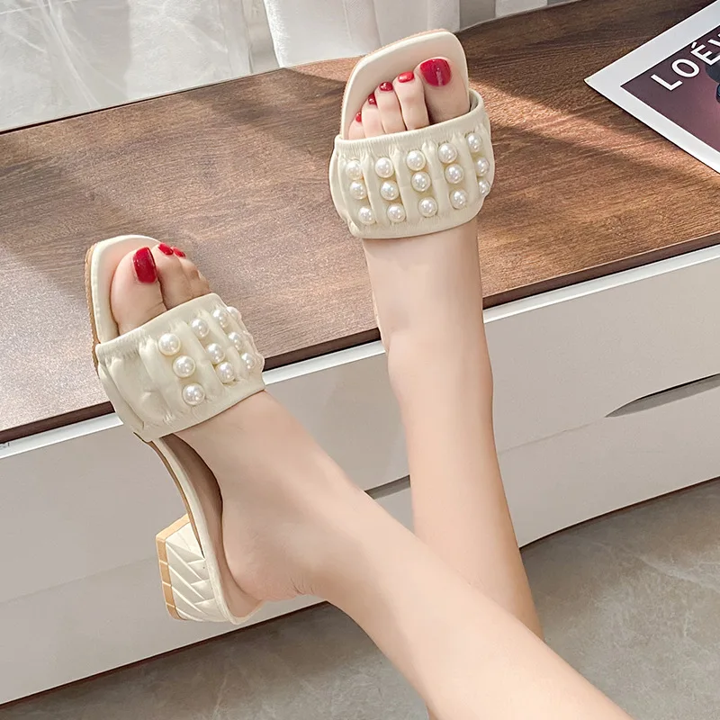

2022 Summer New British Style Square Head Pearl One Line Thick Heel Sandals FAIRY FASHION Middle Heel Women Shoes