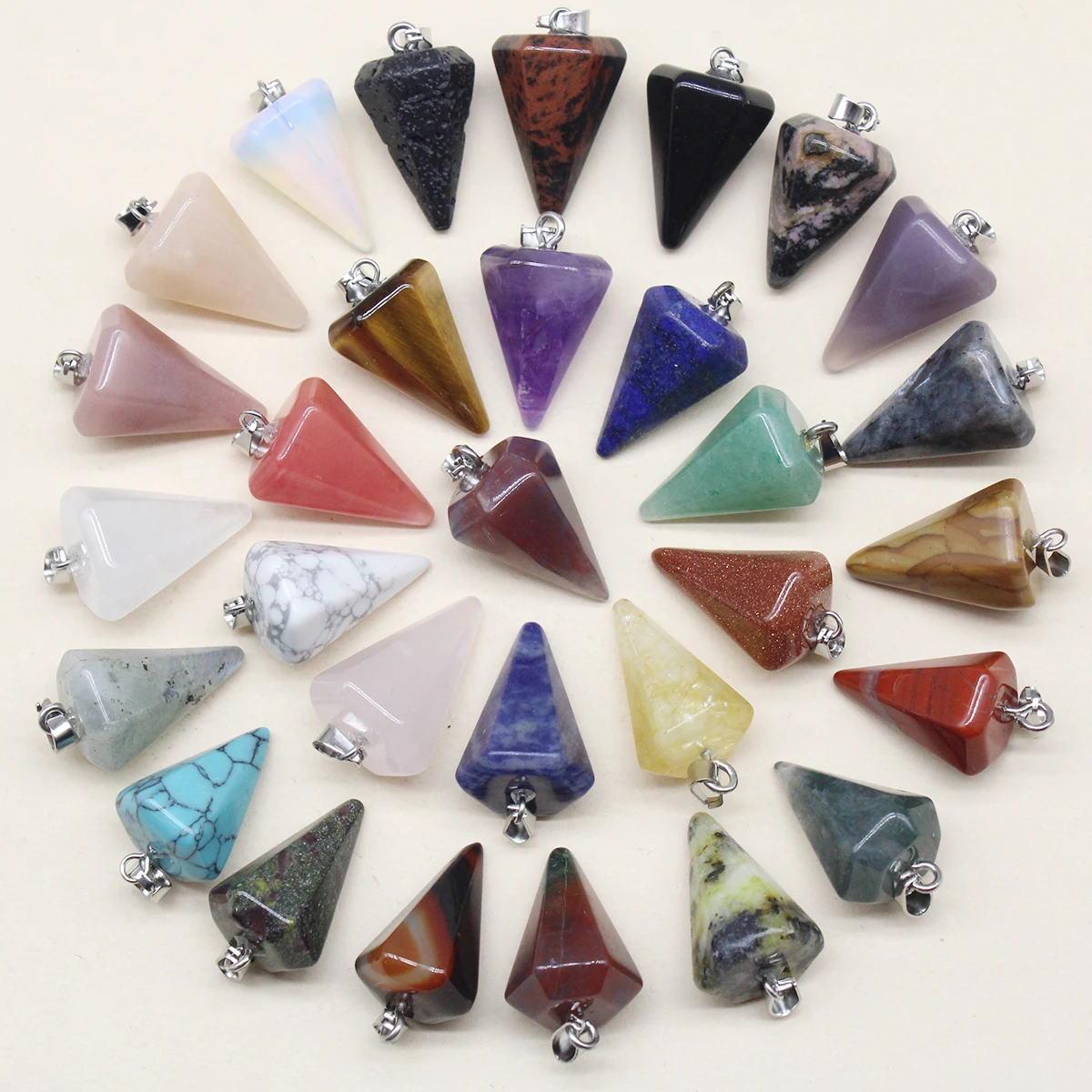 

24pcs Natural Stone Reiki Pendulum Divination Pendant Amethyst Quartz Crystal Agate Suitable for DIY Necklace Jewelry Pendant