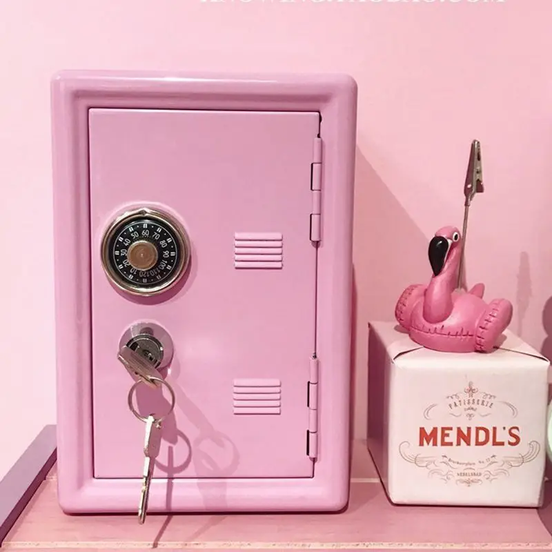 

2021 Ins Safe Box Organizer Iron Pink Desk Decorative Box Piggy Bank Metal Mini Cabinet Money Storage Box Kawaii Storage Box