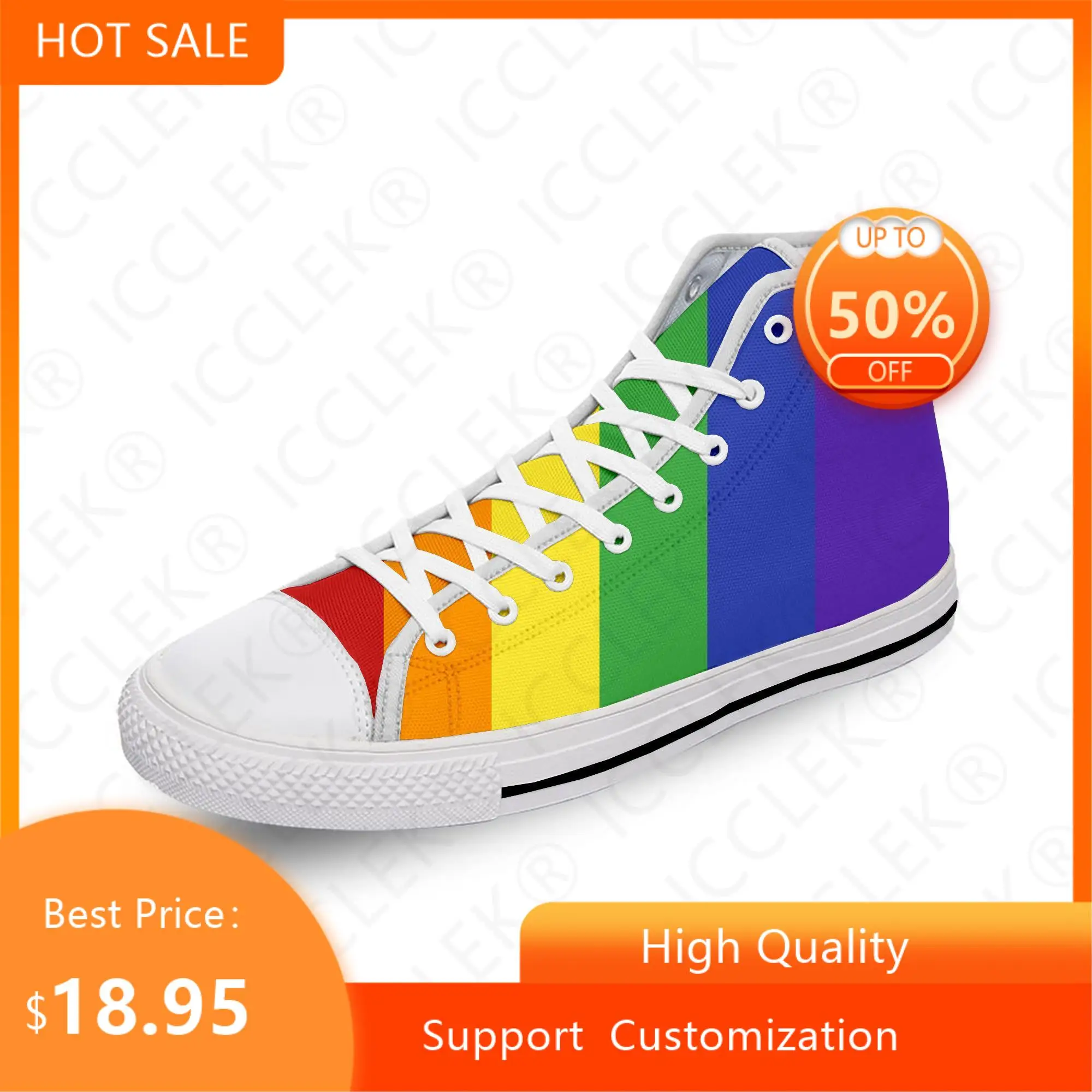

Rainbow LGBT Gay Pride Flag Lesbian White Fashion Mens Womens Teenager High Top Canvas Shoes Lightweight Breathable Sneakers
