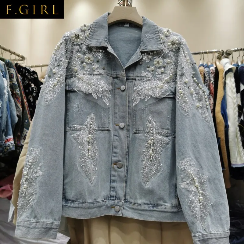 Spring New Arrival Streetwear Denim Jackets Women Beading Pockets Loose Casual Fashion Single Breasted All-match Outerwear Coats