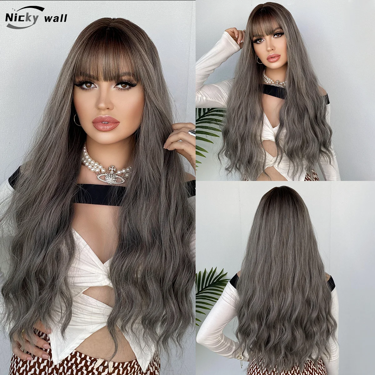 Cosplay Wigs Silver Gray Pink Wig for Women Natural Long Wavy Hair With Bangs For Women Girl Heat Resistant Fiber Halloween