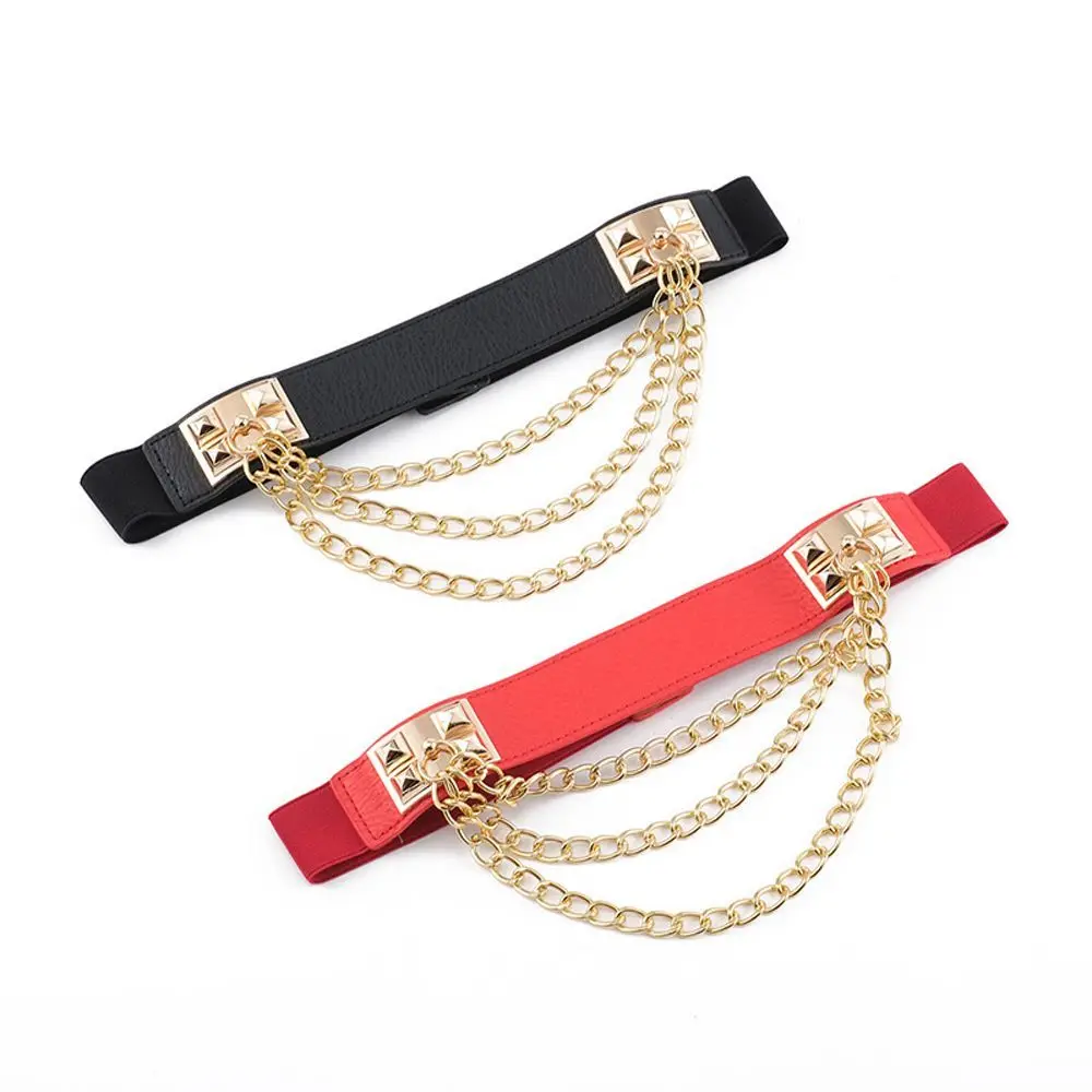 Luxury Trendy Elastic Waistband Multilayer Tassel Chain Fashion Lady Waist Chain Women Belt Cloth Ornament PU Leather