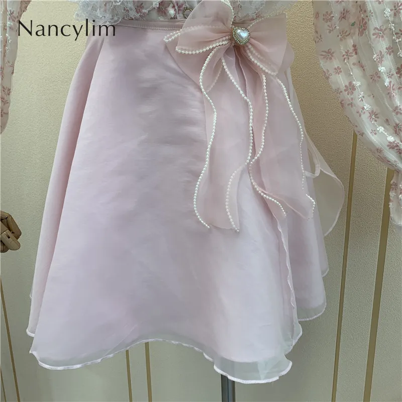 

2022 Spring Summer New Sweet Elegance Skirt Women's Korean-Style Chiffon High Waist Bow Decorative Juper Girls Ladies