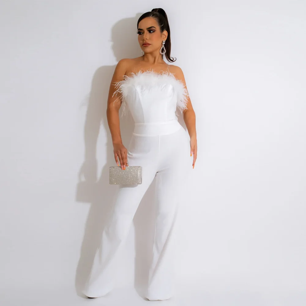

Feathers Jumpsuit Women Solid Strapless Summer Party Overalls Wide Leg Pants Fashion Sexy Female Romper