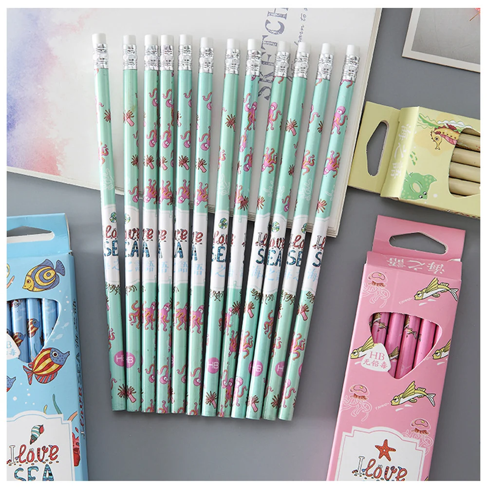 

12Pcs/Set Cute Kawaii Cartoon Pencils HB Sketch Items Drawing Stationery Pencil Student School Office Supplies for Kids Gift Pen