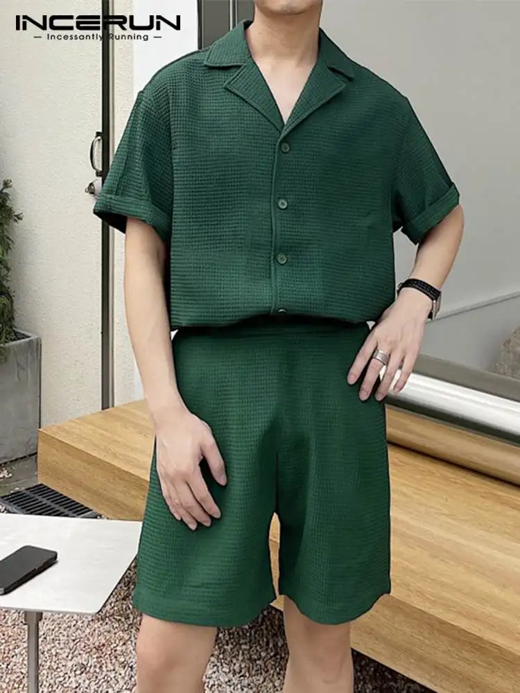 

INCERUN Men Sets Solid Color Streetwear Summer Loose Lapel Short Sleeve Button Shirt & Shorts 2PCS 2022 Men Casual Suits S-5XL