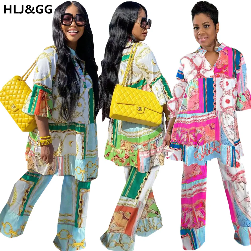 

Женский комплект из двух предметов HLJ & GG, Повседневная Свободная футболка с длинным рукавом и длинные брюки с винтажным принтом, осень 2022