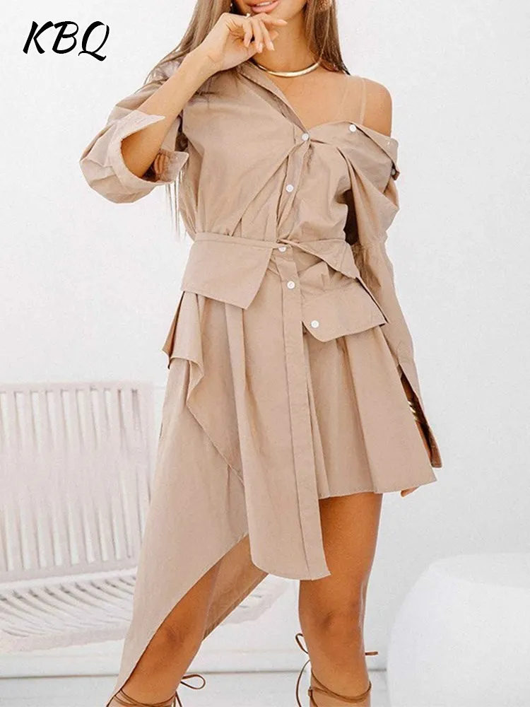 

KBQ Casual Asymmetrical Hem Dress For Women V Neck Long Sleeve High Waist Off Shoulder Spliced Buttons Folds Slim Dresses Female